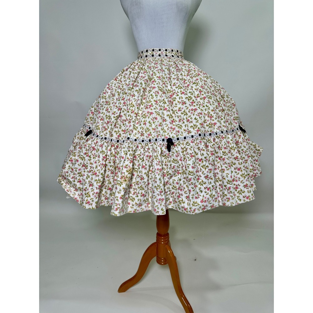 Vintage‎ 1950s Circle Skirt Novelty Ditsy Floral Cotton Ribbon Lace Pink Cream